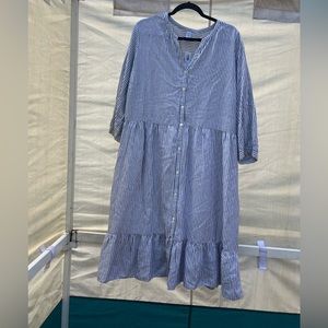 Gray and white striped flowy dress with attached white slip